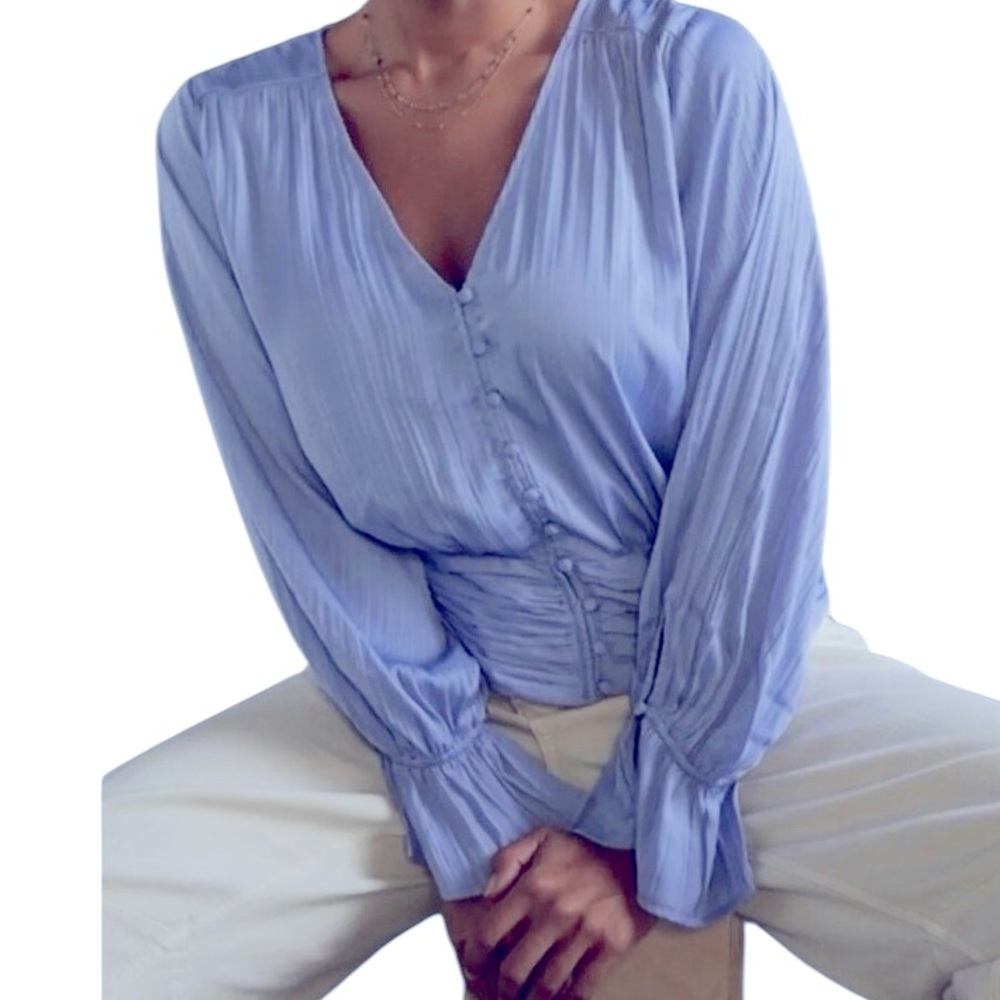 By Anthropologie Blue Poof Sleeved Button Up Fitted Blouse